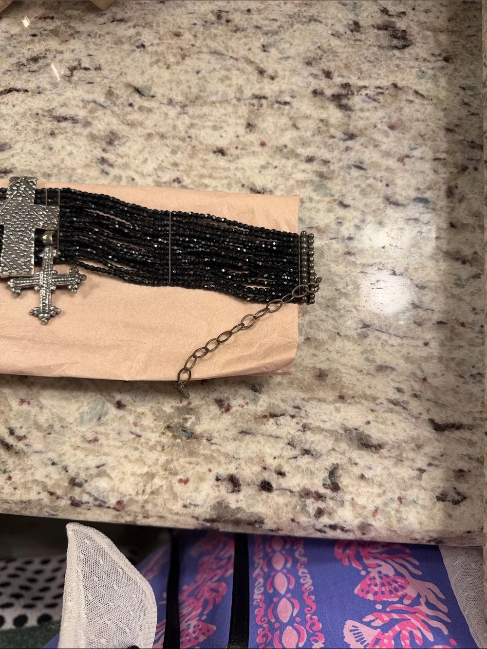 Multi-Strand Black stones with sterling silver Cross Charms - Picture 2 of 7